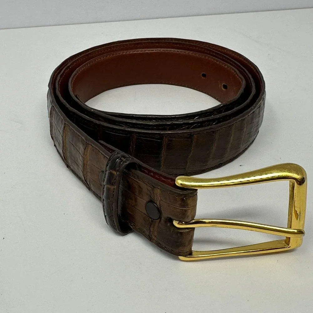 Torino Mens Brown South American Crocodile Leather Belt Gold Buckle Size 42 USA